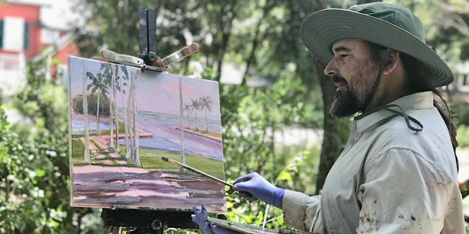 Artist-in-Residence Andres Cabrera Garcia paints a landscape of the Deering Estate in oil on canvas.