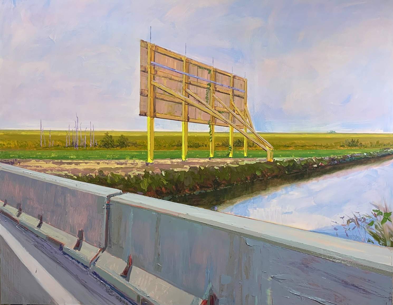 Oil painting of the back of a wooden billboard on the side of a highway.