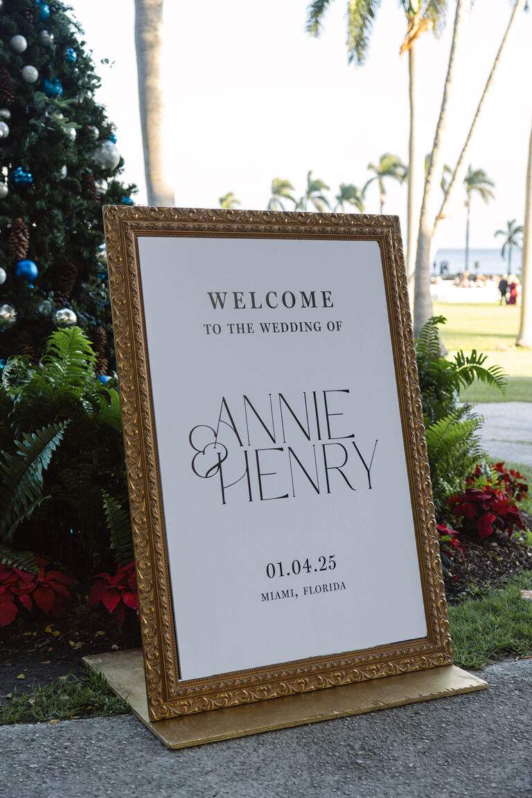 A welcome wedding sign for Annie & Henry at Deering Estate in Miami, Florida.